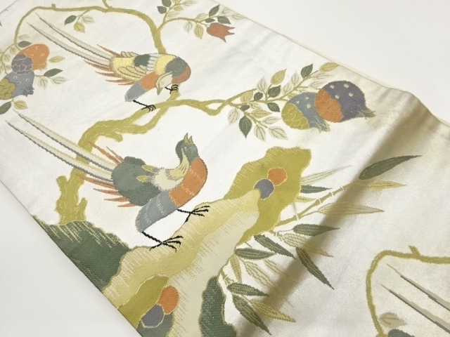JAPANESE KIMONO / HIRAKI NAGOYA OBI / WOVEN PHEASANT & FRUITS